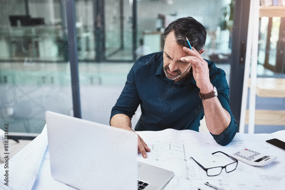 Poster Frustrated, mature man and architect with headache from building planning problem with laptop and blueprints. Senior, male engineer and computer with documents for panic, stress at design mistake