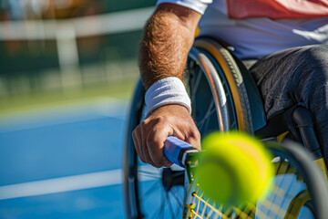 Close up of the arm of a man in a wheelchair hitting a tennis ball with his racquet