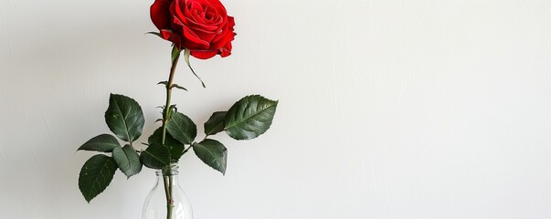 A red rose stands alone in a slender vase against a simple white backdrop