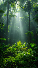 Obraz premium Halo of light in the middle of the Amazon jungle in nature, nature and leaf concept, forest background concept, green plants, landscape concept