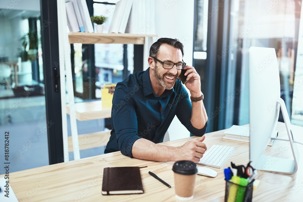 Aufkleber communication, phone call and business man by desk for conversation, negotiation deal or architectur