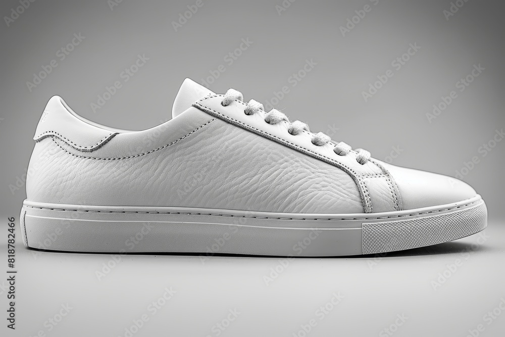 Poster a single white sneaker on a grey background is captured in a simplistic side view image