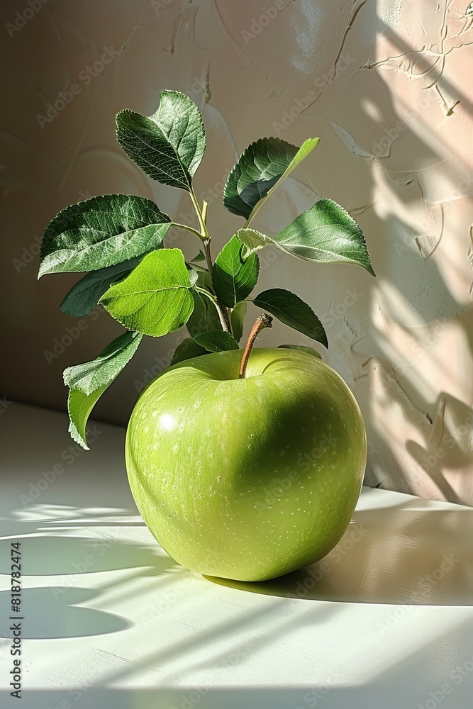 Poster simplistic image features lone green apple on clean white backdrop with gentle shadow cast