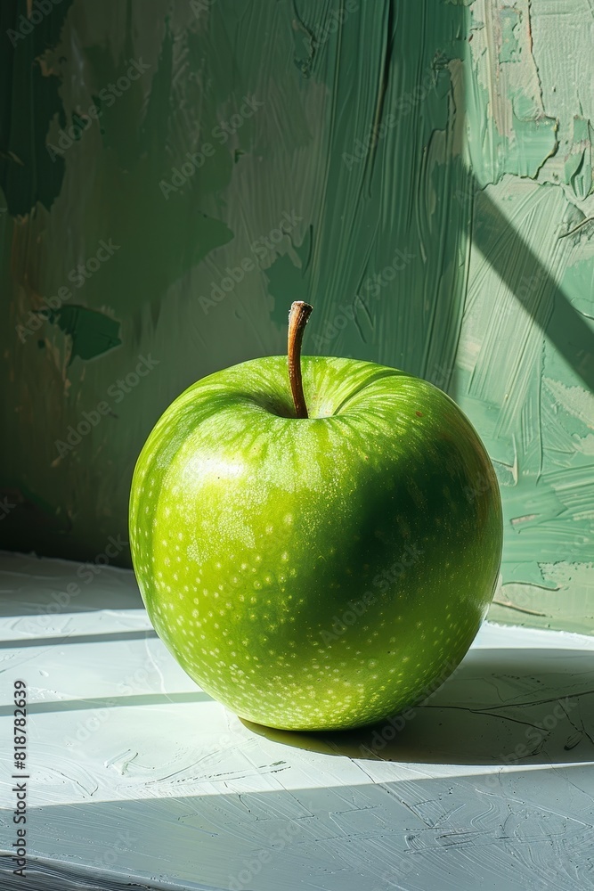 Poster a single green apple rests on a pristine white surface with a soft shadow, captured in a simplistic 