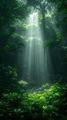 Halo of light in the middle of the Amazon jungle in nature, nature and leaf concept, forest background concept, green plants, landscape concept