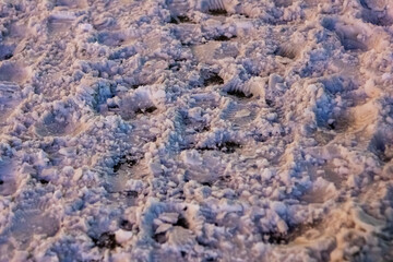 A close up of snow covering the ground, contrasting with the electric blue sky