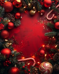 A flat lay of a creative Christmas frame on a vibrant red background