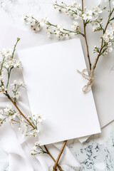 A white card with a bow on it sits on a table with flowers