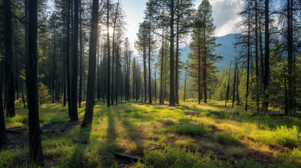 Fototapeta premium Sunlight through trunks of trees with warm glow and shadows: picturesque autumn forest, atmospheric shot. Glint of sunshine through the Pines casts long dark shadows on warm autumn evening