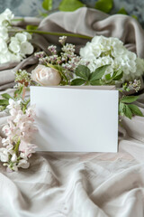 A white card with a flower on it sits on a table