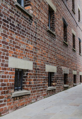Vertical shot of a brick building featuring windows