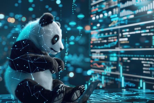 A creative depiction featuring a Panda character in the role of a data scientist, engaging with a data project