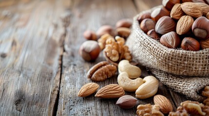 Variety of nuts on a wooden background. almonds, cashews, hazelnuts and walnuts