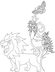 Lion and A Floral Vine Coloring Page. Printable Coloring Worksheet for Adults and Kids. Educational Resources for School and Preschool.