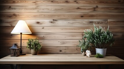 A Showcase Mockup decor with green plant and lamp on the table