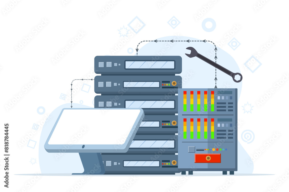 Poster hardware and software maintenance concept, people working on problem location, technical support. ca
