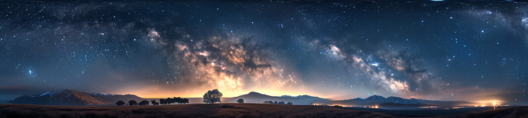 Stunning panoramic view of the Milky Way over a tranquil landscape