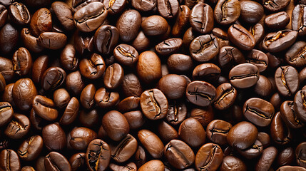 Roasted coffee beans. Lots of coffee beans, the beans fill the entire frame. Coffee horizontal background. Top view, backdrop. 