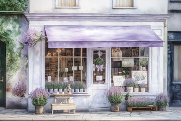 Flower shop with Lavender flowers and souvenirs. Flower store in Paris, France, Europe. Window and Facade of the flower store. Cute Watercolor Illustration