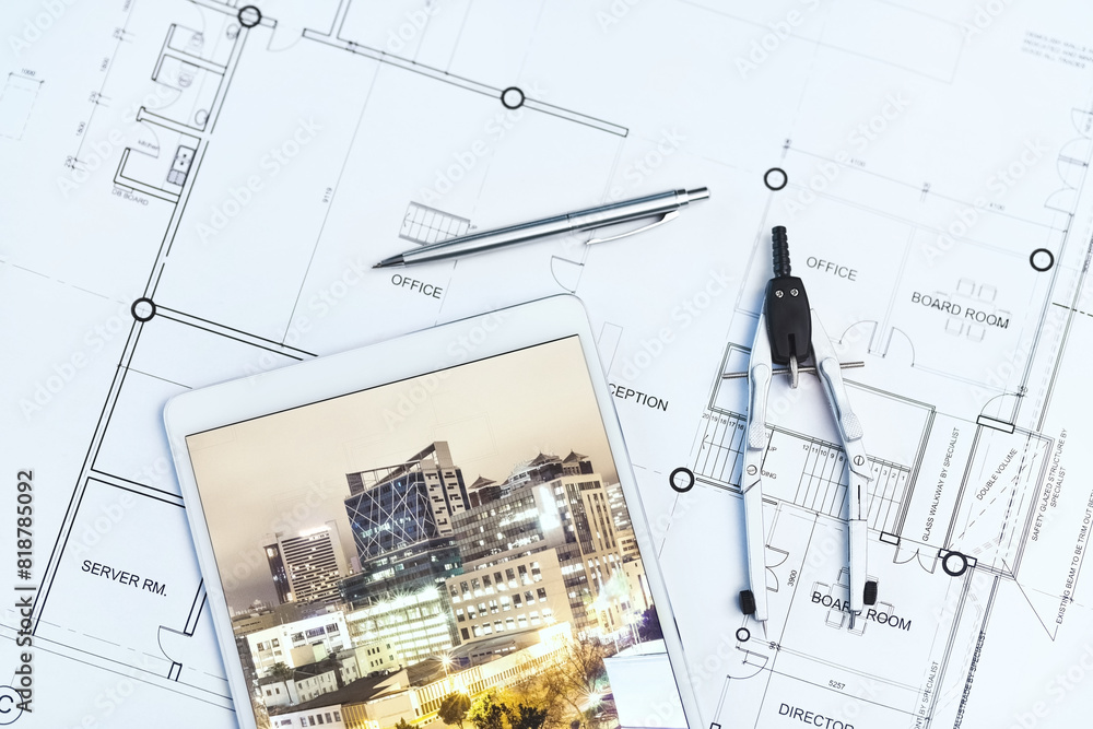 Poster Architecture, floor plan and tablet or drawing top view for .development with 3d design, digital app or blueprint. Technology, tool and project planning or renovation website, engineering or creative