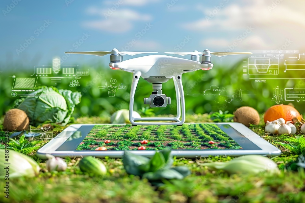 Poster smart farming with modern drone technology for agricultural field monitoring and advanced vector ill