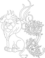 Lion and A Floral Vine Coloring Page. Printable Coloring Worksheet for Adults and Kids. Educational Resources for School and Preschool.