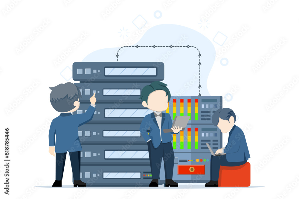 Poster hardware and software maintenance concept, people working on problem location, technical support. ca