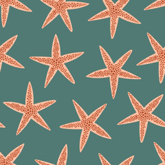 Cartoon seashells seamless pattern. Trendy pattern of starfish for wrapping paper, wallpaper, notebook cover.