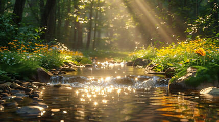 A serene forest stream with sunlight filtering through the trees, illuminating the water and surrounding wildflowers. The scene is tranquil and picturesque, capturing the beauty of nature.