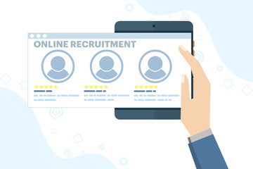 The recruitment concept is carried out online. online job search and human resources, new employee recruitment, creative human resources job search. flat vector illustration on white background.