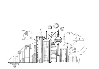 Hand-drawn sketch of cityscape with graphs and charts, on a white background, illustrating urban planning or analysis