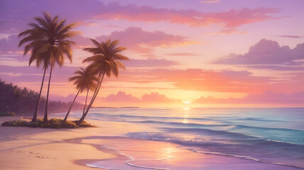 Obraz premium erene Beach Sunset Waves, Palms, and Colorful Sky