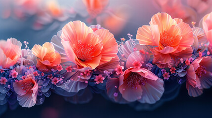 A vibrant digital illustration of blooming flowers in shades of pink, orange, and purple, set against a soft, blurred background. The flowers are detailed with delicate petals and intricate textures