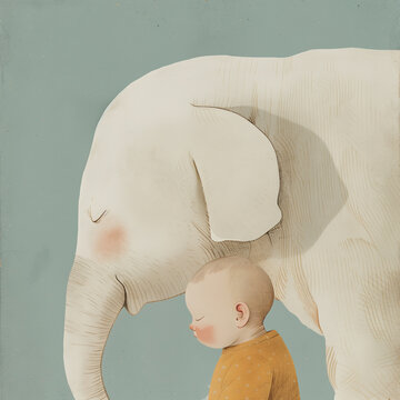 Illustration of an elephant and a baby in pastel colors, standing with love next to each other having both red cheeks.
