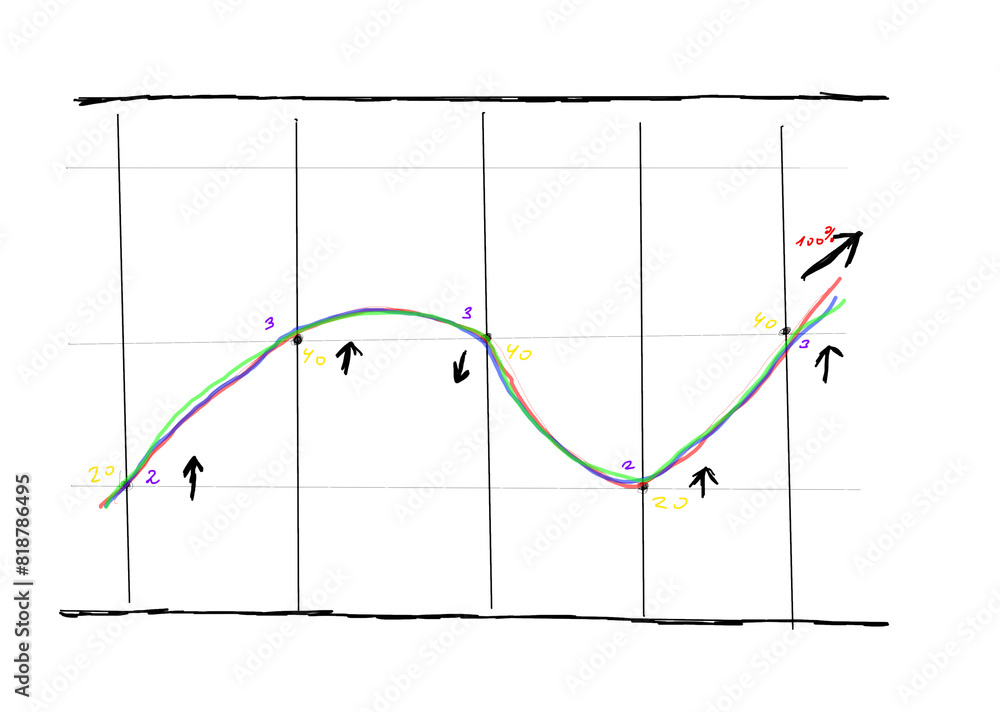 Aufkleber hand-drawn multicolored lines on a graph with annotations and arrows on a white background, depictin