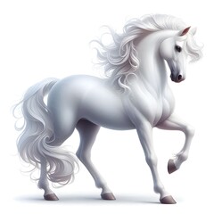 White horse with long mane standing gracefully on a white background