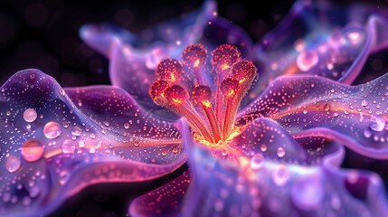 A close-up of a vibrant, glowing flower with translucent petals covered in water droplets. The...