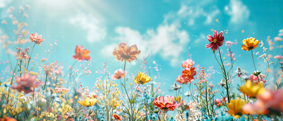 Colorful Meadow Blooming with Cosmos and Pink Flowers, Sunny Day with Vibrant Spring Colors