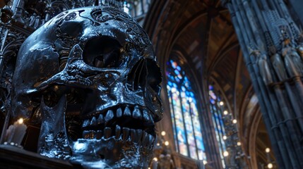 Intricate Metallic Skull in Gothic Cathedral
