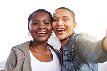 Smile, selfie and portrait of girl friends in city together for vacation, holiday or adventure....