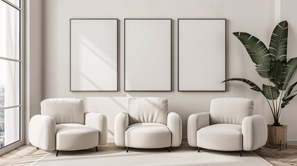 Fototapeta premium Three Poster Frame Mockup hang on white wall in modern minimalist living room with white couch and green plant