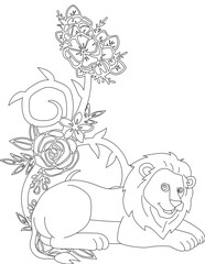 Lion and A Floral Vine Coloring Page. Printable Coloring Worksheet for Adults and Kids. Educational Resources for School and Preschool.