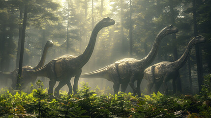 A group of long-necked dinosaurs walking through a dense, misty forest with sunlight filtering through the trees.