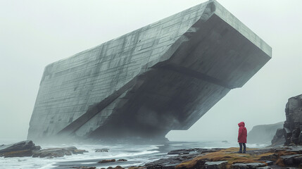 A person in a red coat stands near a massive, tilted concrete structure by the sea on a foggy day. - Powered by Adobe