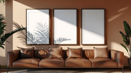 Three Poster Frame Mockup background in modern living with leather couch and green plant