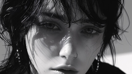 Black and white close-up portrait of a person with wet hair and freckles, wearing hoop earrings. The lighting creates intricate shadows on the face. © amixstudio