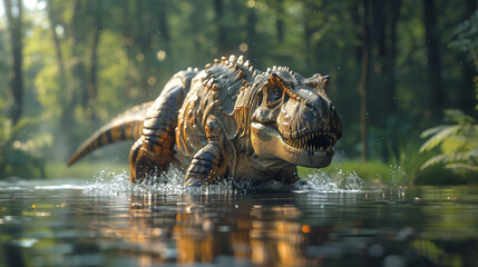 A realistic depiction of a Tyrannosaurus rex wading through a shallow body of water in a dense, prehistoric forest. The dinosaur's detailed scales and fierce expression are highlighted - Powered by Adobe