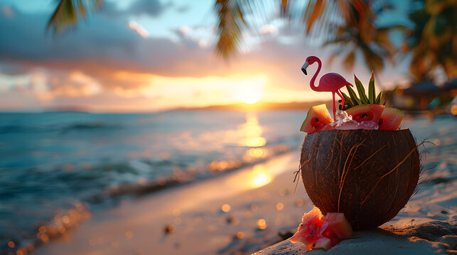 Coconut cocktail and tropical flowers with a flamingo parasol in front of the sea, at sunset, summer concept vacation concept holidays