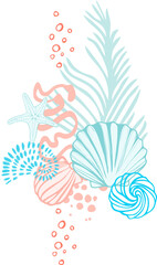 Universal abstract composition of flat isolated bionic elements (representatives of the underwater world) on a marine theme on a transparent background. Digital illustration