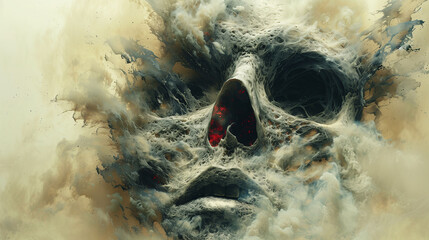 A surreal and haunting digital artwork depicting a skull emerging from a cloud of smoke and abstract shapes. The image has a dark and eerie atmosphere with intricate details and a mix of colors